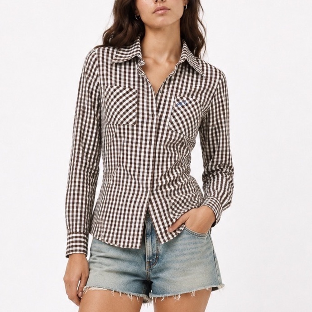 ERL Gingham Button Down Shirt Womens XS Brown White Cotton Casual Coastal Indie‎